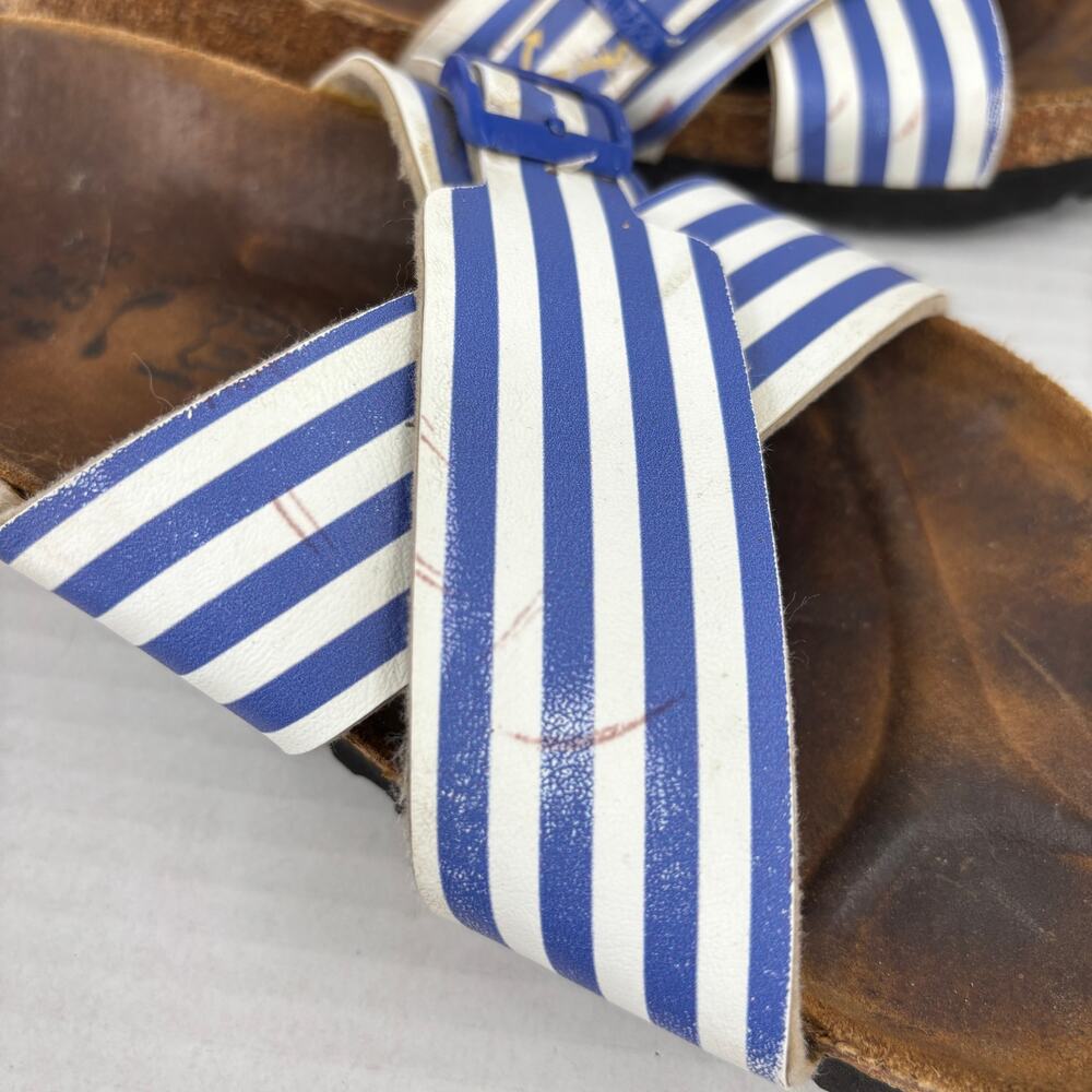 Birkenstock Slide Sandals Womens Size 7 Blue White Nautical Stripe Cross Strap - Picture 7 of 9